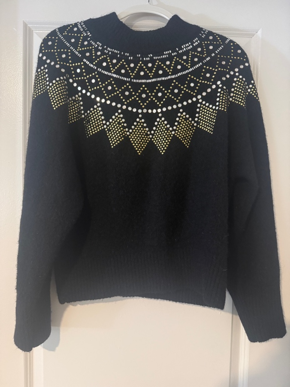 Black Cowl-Neck Sweater with Gold & Silver Stud Pattern